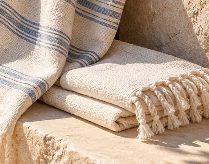 Peştemal doblado con flecos sobre piedra